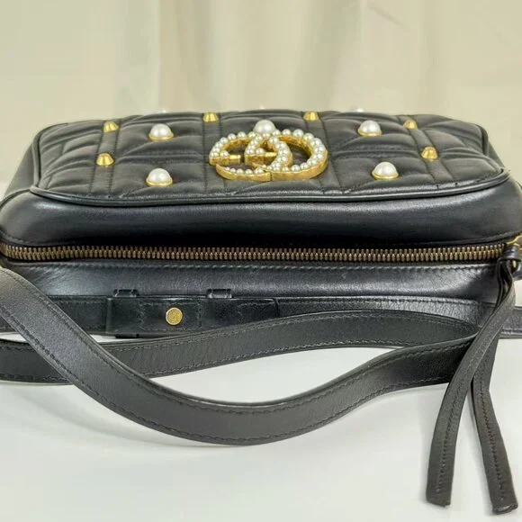 Gucci Black Leather Marmont Shoulder Bag Crossbody with Pearl Embellished - Picture 8 of 9